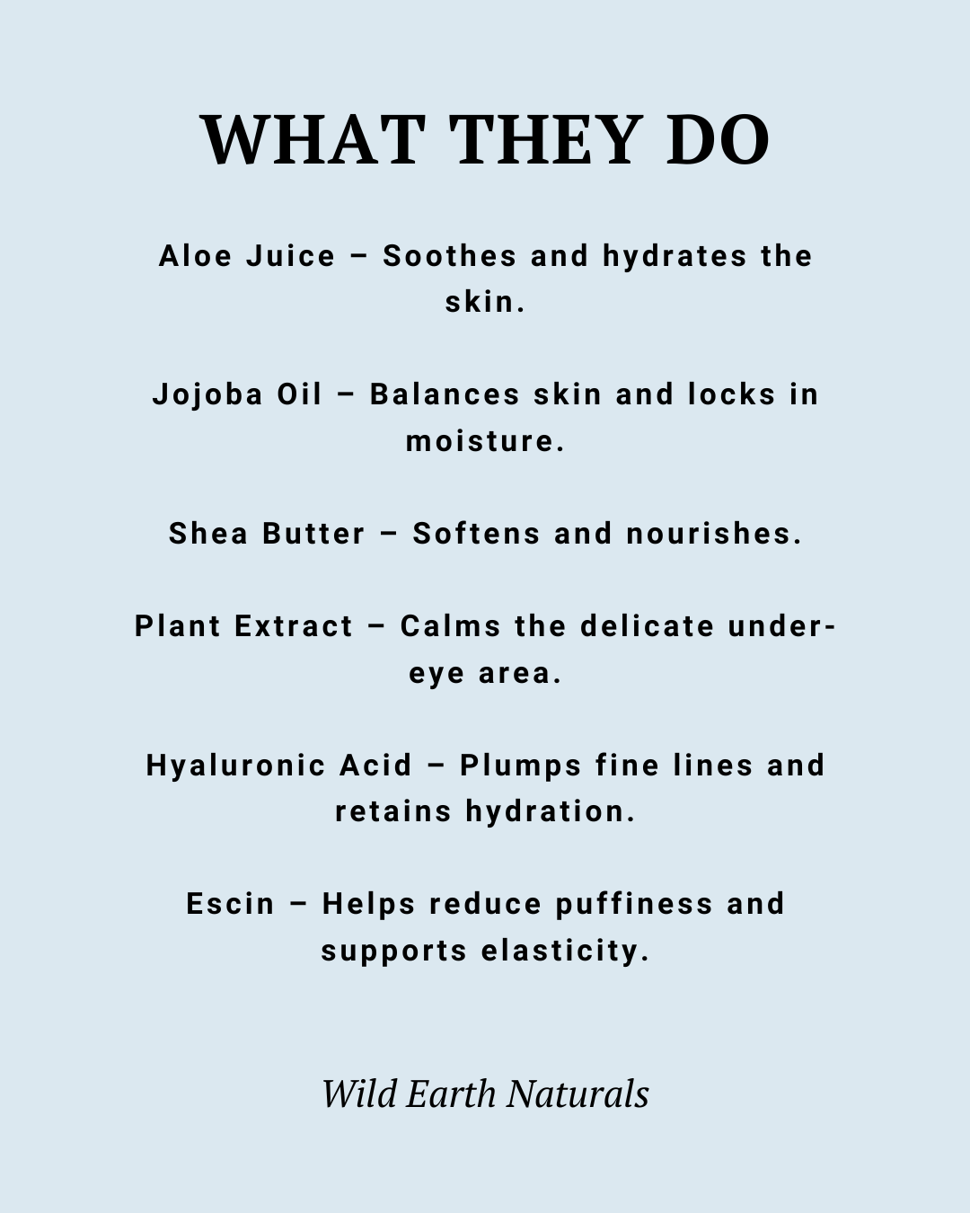 List of skincare ingredients with their benefits on a light blue background, featuring the brand 'Wild Earth Naturals'.